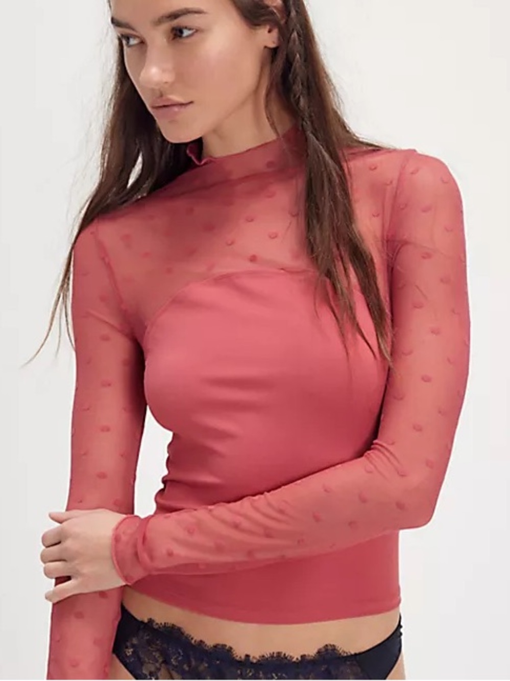 Free People Rose Pink Sheer Dot Mesh Mock Neck Long Sleeve Top